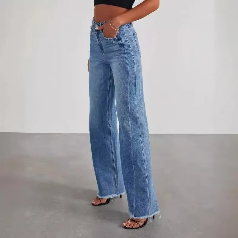 Spring Summer New Women'S Clothing Solid Color Loose Wide Leg Side Seam Stitching Frayed Hem Jeans