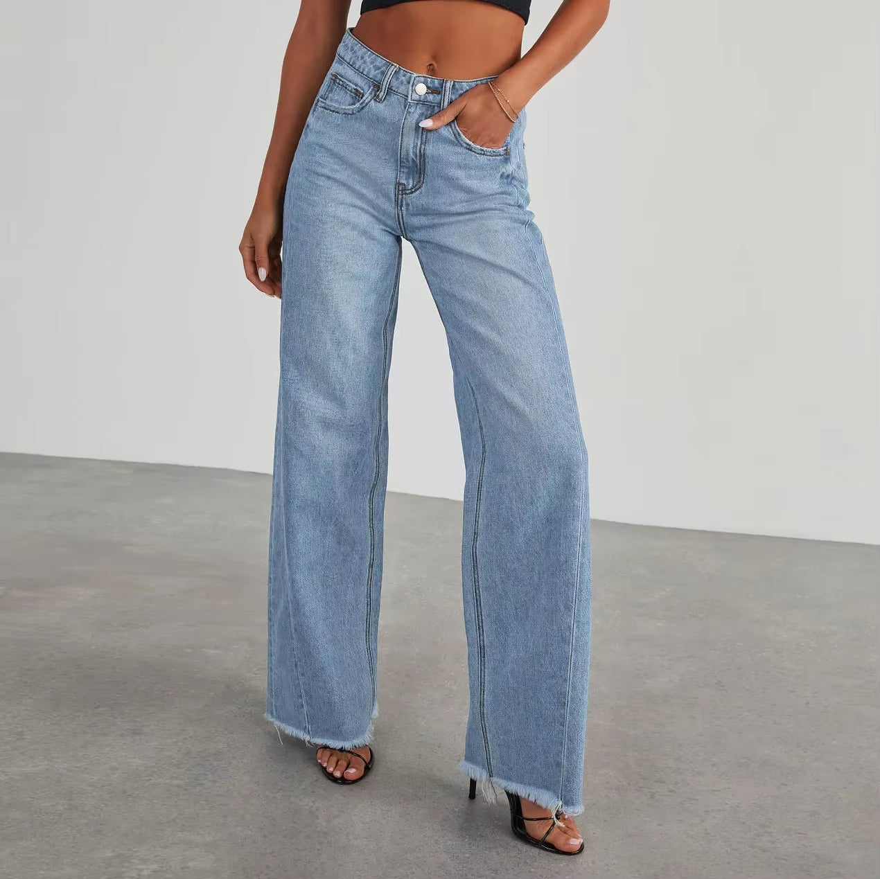 Spring Summer New Women'S Clothing Solid Color Loose Wide Leg Side Seam Stitching Frayed Hem Jeans