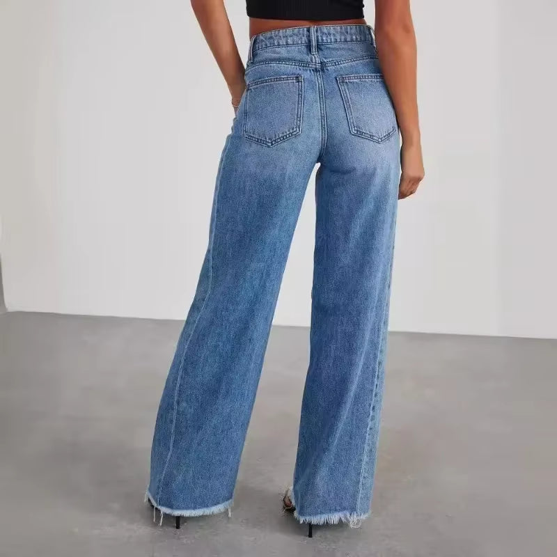 Spring Summer New Women'S Clothing Solid Color Loose Wide Leg Side Seam Stitching Frayed Hem Jeans