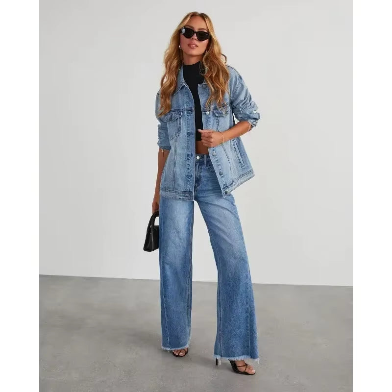 Spring Summer New Women'S Clothing Solid Color Loose Wide Leg Side Seam Stitching Frayed Hem Jeans
